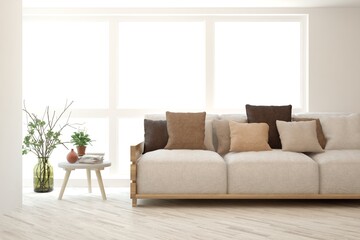 White living room with sofa. Scandinavian interior design. 3D illustration
