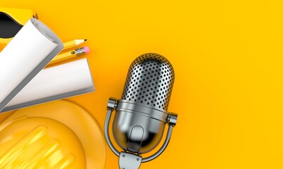 Radio microphone with hardhat and blueprints
