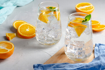 Hard seltzer cocktail with orange, mint and ice.