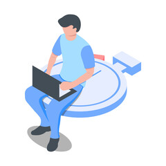 A man with a laptop sits on a stopwatch. Deadline concept.  Isometric vector illustration. Isolated on white background