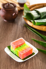 Kuih Lapis Ubi with rainbow color, traditional Malaysian Nyonya sweet cake.