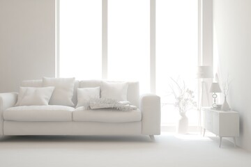 Mock up of minimalist living room in white color with sofa. Scandinavian interior design. 3D illustration