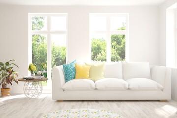 Stylish room in white color with sofa and summer landscape in window. Scandinavian interior design. 3D illustration