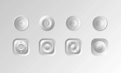 Pure White Gradient Audio device Volume control buttons on panels Graphic Equilizer Element EQ with speaker symbols with White Ice Background.