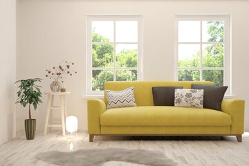 White living room with sofa and summer landscape in window. Scandinavian interior design. 3D illustration