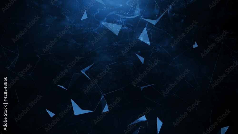 Poster flashing triangle shapes and dots on dark background.