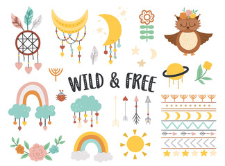 Vector wild and free elements collection. Bohemian illustrations set. Half moon, planet, dream catcher, flowers, arrows, owl isolated on white background. Baby boho icons pack with cute characters..