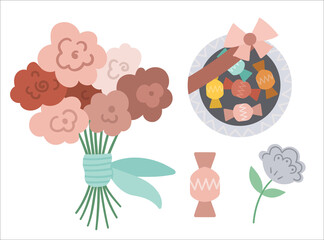 Vector gift set. Outline candy box, flower arrangement collection. Sweet present illustration. Holiday pack isolated on white background.