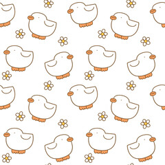 Seamless Pattern with Cartoon Duck and Flower Design on White Background