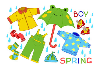 Vector set of elements of children's clothing. Spring rain. Boy.