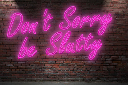 Neon Don't Sorry be Slutty lettering on Brick Wall at night