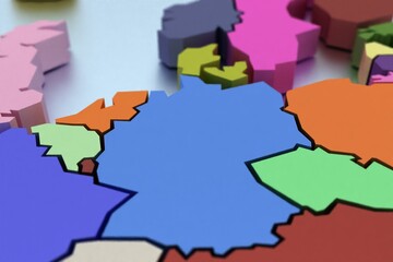 Three-dimensional map of Europe in bright colors isolated background