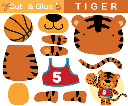 Cute Tiger Playing Basketball. Education Paper Game For Children. Cutout And Gluing. Vector Cartoon Illustration