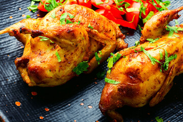 Baked quail and vegetable salad on a plate