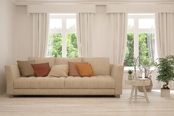 Stylish room in white color with sofa and summer landscape in window. Scandinavian interior design. 3D illustration