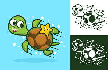 Cute turtle with little starfish. Vector cartoon illustration in flat icon style