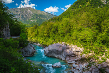 Fototapeta na wymiar Majestic Soca river in the deep canyon near Kobarid, Slovenia