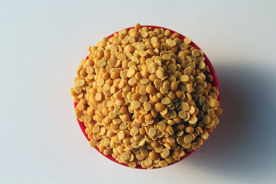 Toor dal, famous Indian legume also called yellow Pigeon peas. Selective focus.