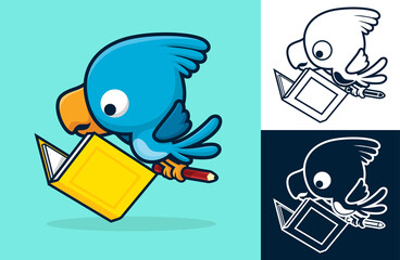 Cute bird reading a book while carrying pencil in its feet. Vector cartoon illustration in flat icon style
