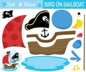 Cute bird wearing pirate hat on sailboat. Education paper game for children. Cutout and gluing. Vector cartoon illustration