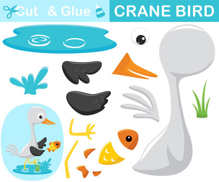 Bird crane in water chasing a fish. Education paper game for children. Cutout and gluing. Vector cartoon illustration