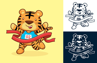 Cute tiger wins by crossing the finish line. Vector cartoon illustration in flat icon style