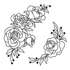 Hand drawn rose flower and leaves bunch. Vector line art monochrome elegant floral. Design for  t-shirt, tattoo, coloring page, wedding decoration.