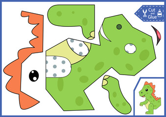 Kids craft activity page. Cut and glue the paper a cute dinosaur. Children art game. Simple easy applique. Worksheet with education riddle. Birthday party decoration. Vector illustration.