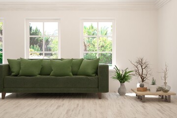 White living room with sofa and summer landscape in window. Scandinavian interior design. 3D illustration