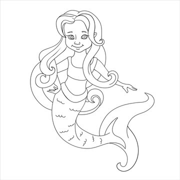 Coloring book for children. Cute cartoon mermaid. Funny beautiful little sea princess. Kids comic print for little girl. Vector illustration.