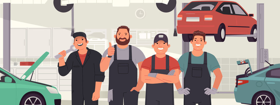 Cheerful team of auto mechanics against the background of a car service. Auto repair station workers