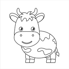 Outline cute cartoon cow. Coloring book for children. Drawing worksheet for children. Funny kids print for kids. Vector illustration.