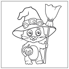 Halloween coloring book with cute cat. Vector outline illustration of cartoon character on white background. Kids activity page.