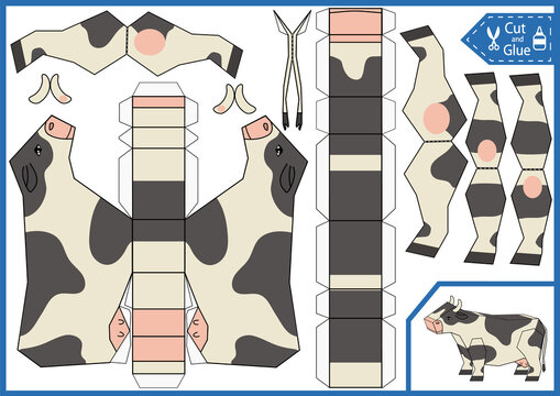 Kids craft game. Cut and glue 3d paper cow. Children worksheet. Activity page. Cute animal character. Isometry vector illustration.
