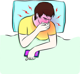 man was pain with sneeze slept on bed colorful