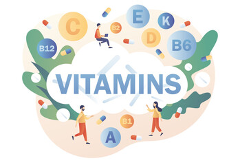 Vitamins - big text. Healthy lifestyle. Tiny people and multi vitamin complex, vitamin A, group B B1, B2, B6, B12, C, D, E, K. Modern flat cartoon style. Vector illustration on white background
