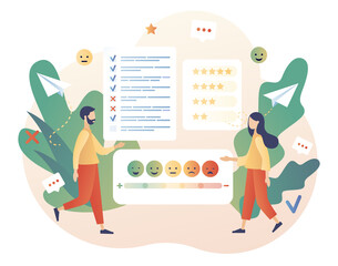 Feedback concept. Tiny people leave feedback and put assessment in online service. Customer survey, review and opinion. Modern flat cartoon style. Vector illustration on white background
