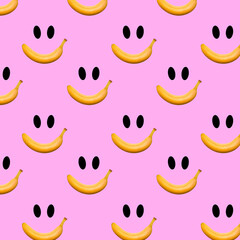 Banana fruit seamless pattern  on pink background. Trendy colors Summer tropical exotic fruit pattern, concept. Nature background., gift wrapping paper, textile print design.