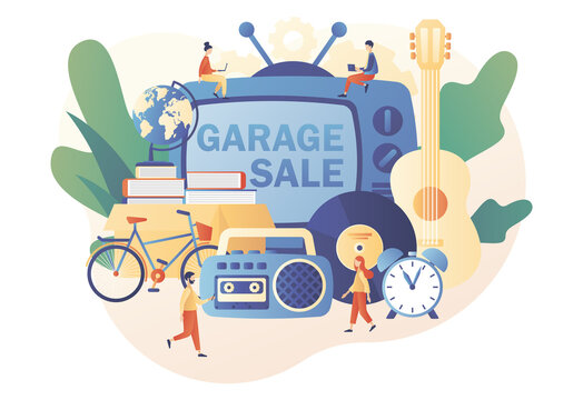 Garage Sale Online. Flea Market. Yard Sale. Tiny Sellers And Customers. Vintage Goods Or Rag Fair. Bazaar. Modern Flat Cartoon Style. Vector Illustration On White Background