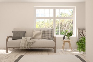 White living room with sofa and summer landscape in window. Scandinavian interior design. 3D illustration