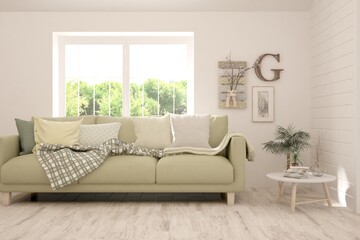 White living room with sofa and summer landscape in window. Scandinavian interior design. 3D illustration