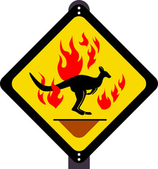 Warning sign label kangaroo is standing  in the midst of a forest fire
