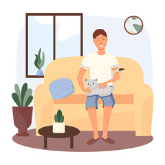 Kind teen boy sits on a sofa in living room and strokes his cat. happy pat owner concept. vector cartoon illustration