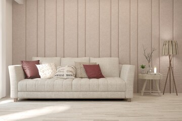 Soft color living room with sofa. Scandinavian interior design. 3D illustration