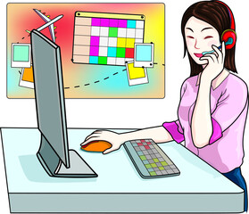 The beautiful woman is working with customer cartoon vector