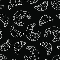Obraz na płótnie Canvas Vector seamless pattern : croissants . Linear white on black. Chalkboard style. Monochrome, minimalism. Design in french mood for decor textile, wrapping paper, menu, wallpaper, table cover.