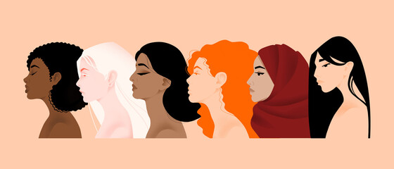 multinational different women beauties, African, Asian, European, Arab, Indian, albino, brave and strong women support each other, female friendship. Struggle for rights, independence, equality.