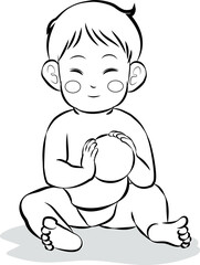 cute baby sitting play the ball outline