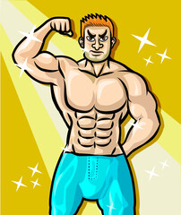 strong man with power body in the lighting on background