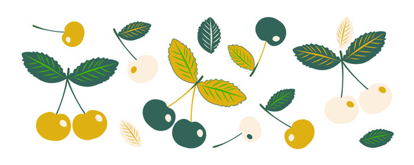 Cherries with leaves in trendy colors. Set with cherries for postcards, print for clothes, kitchen textiles, pillow decor in the interior. Vector graphics.